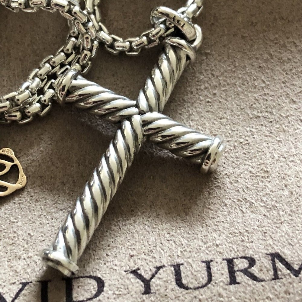 David Yurman 22” Box Chain Necklace & Cable Cross Pendant Sterling Silver 925